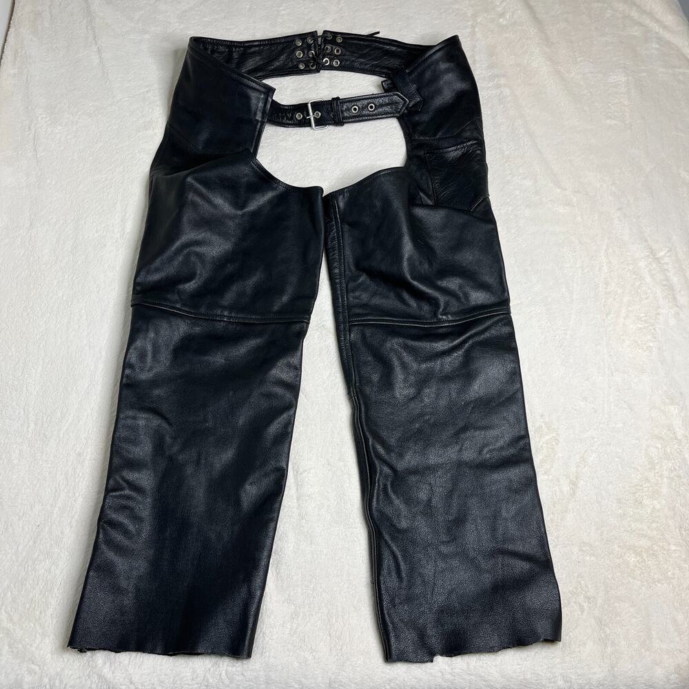 Xelement Black Leather Adjustable Belt Motorcycle Chaps Pants Size 38